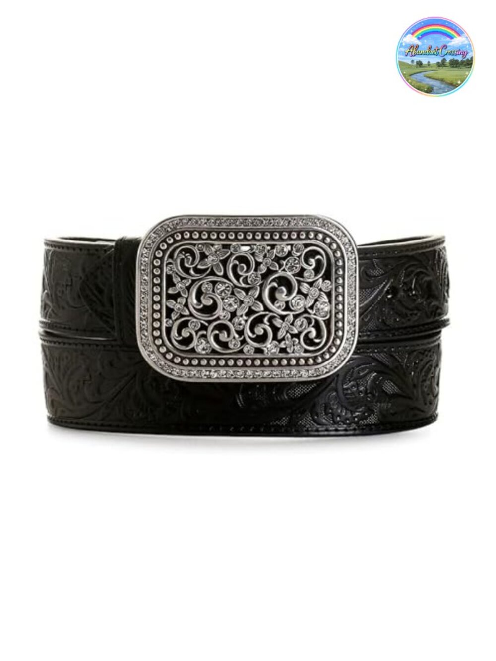 Women's Rhinestone Western Belt - Embossed Leather 1.5"